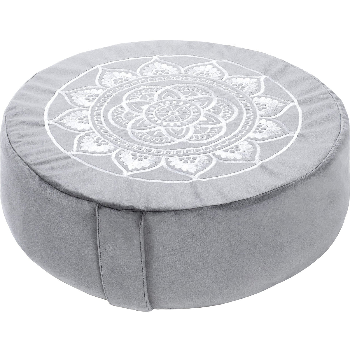 Gray meditation pillow with white mandala design on a white background