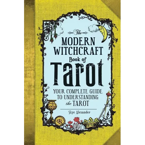 Book cover of 'The Modern Witchcraft Book of Tarot' with decorative elements on a yellow background