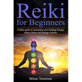 Book cover of 'Reiki for Beginners' with a silhouette of a person meditating and chakra symbols.
