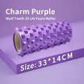 A purple foam roller with raised textured nubs, shown on a matching purple background with text reading 'Charm Purple' and 'Size: 33 * 14CM'.