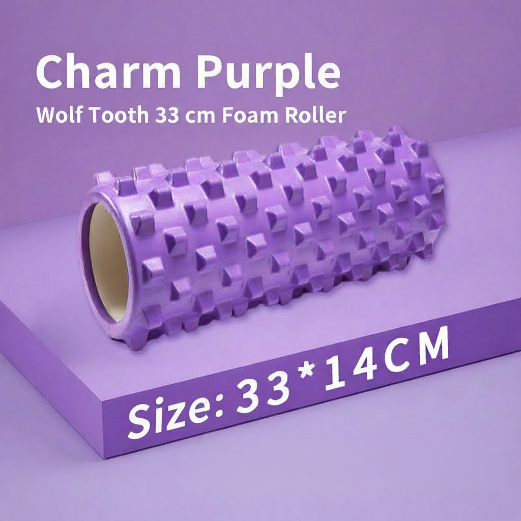 A purple foam roller with raised textured nubs, shown on a matching purple background with text reading 'Charm Purple' and 'Size: 33 * 14CM'.