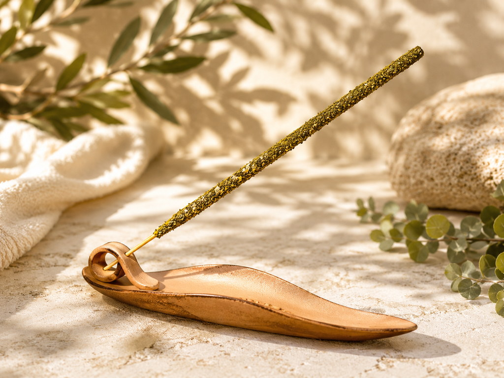 Incense burner shaped like a leaf holding a yellowish incense stick