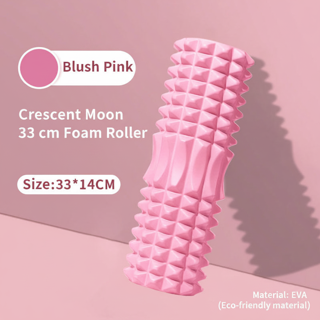 Pink foam roller with raised pyramid texture, shown on a blush pink background with text labels reading 'Blush Pink,' 'Crescent Moon 33 cm Foam Roller,' and 'Size: 33*14CM.'.