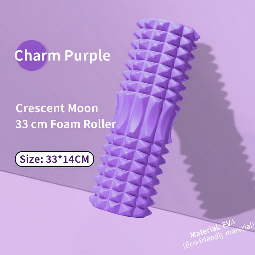 Purple foam roller with a textured, ridged surface and pyramid-like spikes, shown on a lavender background with text reading 'Charm Purple', 'Crescent Moon 33 cm Foam Roller', and 'Size: 33*14CM'.