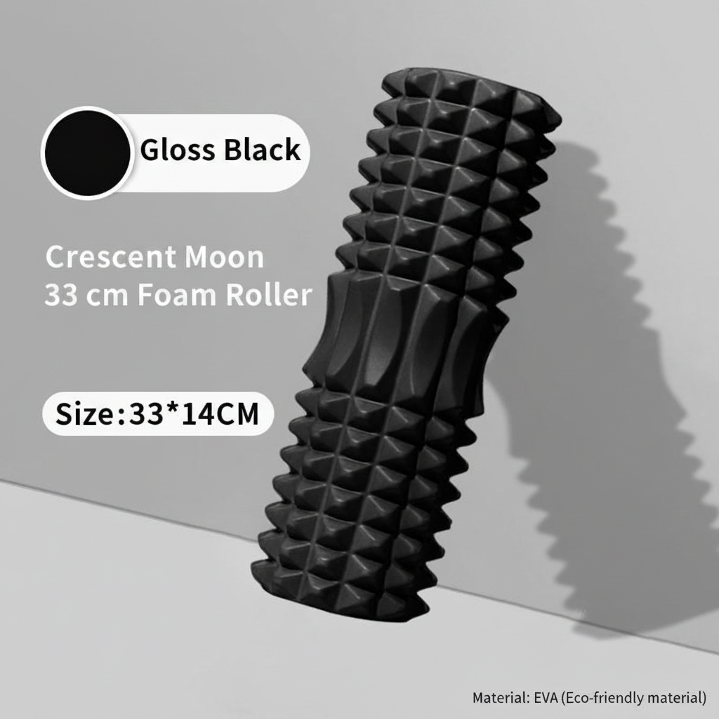 A black textured foam roller with a central curved ridge, shown on a light gray background with text overlays reading 'Gloss Black', 'Crescent Moon 33 cm Foam Roller', and 'Size: 33*14CM'.