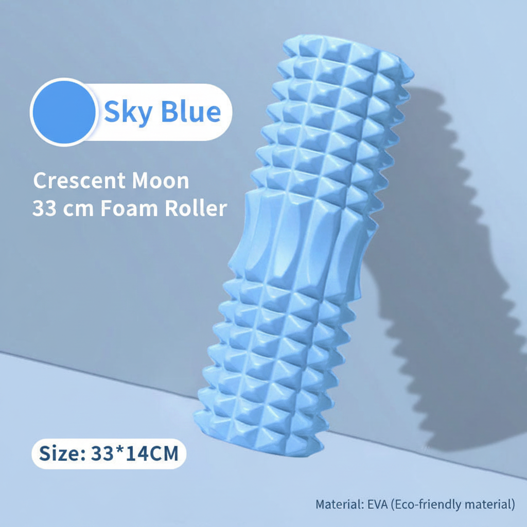 A light blue textured foam roller labeled 'Sky Blue' and 'Crescent Moon 33 cm Foam Roller' on a pale blue background, with size text 'Size: 33*14CM' and a small note about EVA eco-friendly material.