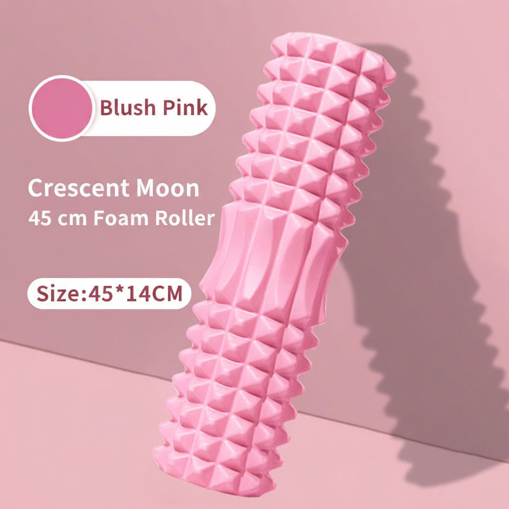 A pink textured foam roller with raised pyramid nodes, shown standing upright on a pink background with overlaid text reading 'Blush Pink,' 'Crescent Moon 45 cm Foam Roller,' and 'Size: 45*14CM.' No person or real environment is present, so this is Product/Packaging rather than Lifestyle.