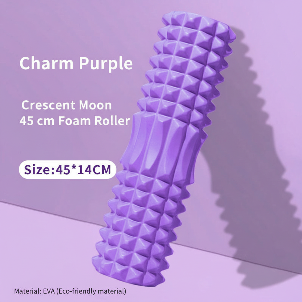 Purple foam roller with raised textured spikes, shown standing upright on a lavender background with text reading 'Charm Purple', 'Crescent Moon 45 cm Foam Roller', and 'Size: 45*14CM'.