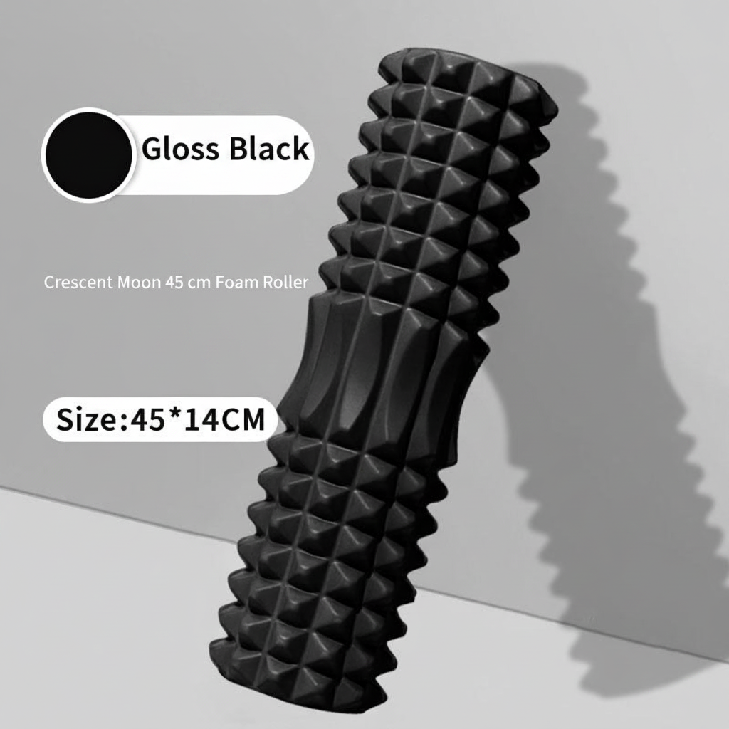 A black textured foam roller with raised pyramid spikes, shown at an angle on a light gray background with text overlays reading 'Gloss Black', 'Crescent Moon 45 cm Foam Roller', and 'Size: 45*14CM'.