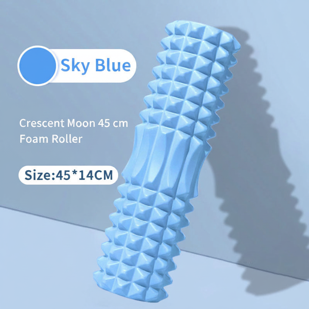 A light blue textured foam roller with raised pyramid spikes, shown upright on a pale blue surface with shadow. White text on the left reads 'Sky Blue,' 'Crescent Moon 45 cm Foam Roller,' and 'Size:45*14CM.
