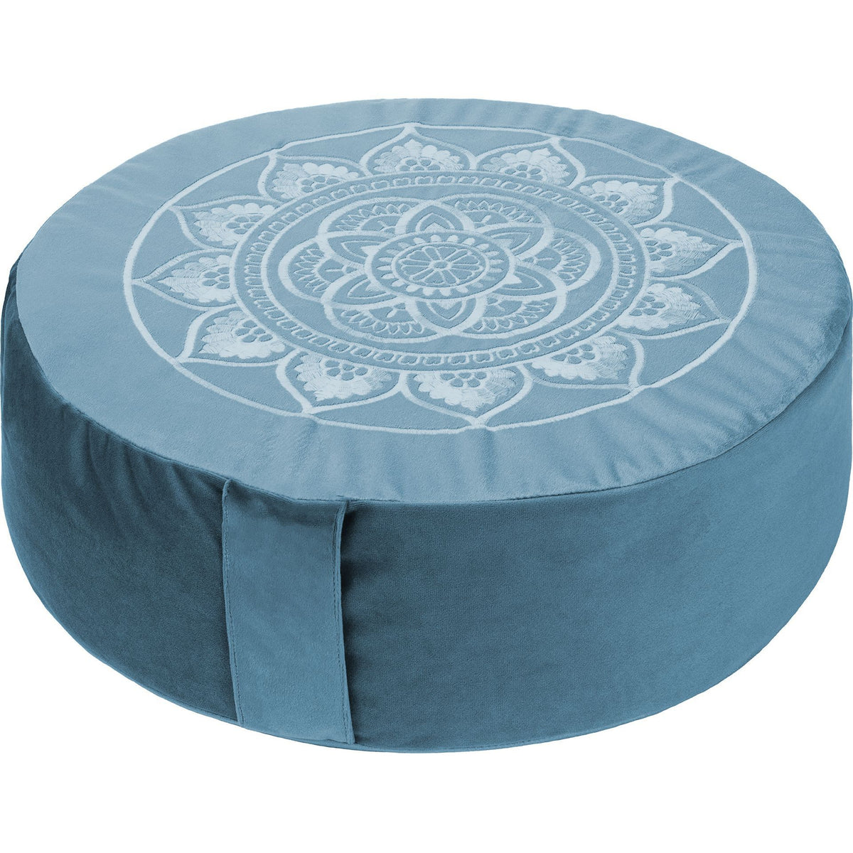 Blue meditation cushion with white mandala design on a white background