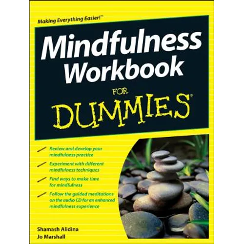 Front cover of the book 'Mindfulness Workbook For Dummies' by Shamash Alidina and Jo Marshall, featuring a bright yellow border, a large black title panel with white and yellow text, and a photo of stacked stones on the lower right.