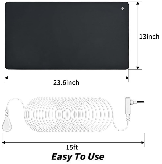 Black rectangular heating pad shown with dimension labels 23.6 inch by 13 inch, plus a white coiled cable with plug and a small inset labeled Easy To Use.