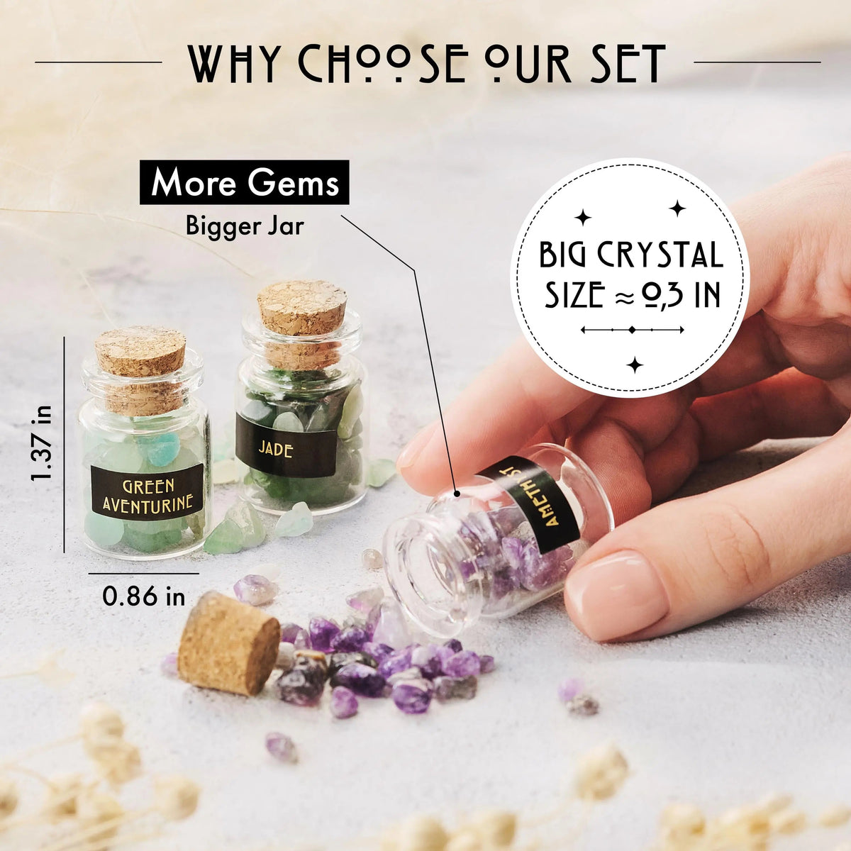 A hand holds a glass jar of amethyst stones next to jars of green aventurine and jade from the 50 PCS Gemstone Kit, with text indicating the dimensions of the crystals.