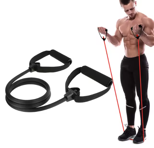 Black resistance bands with D-rings and red elastic cords, shown on a white background with a shirtless man demonstrating their use.