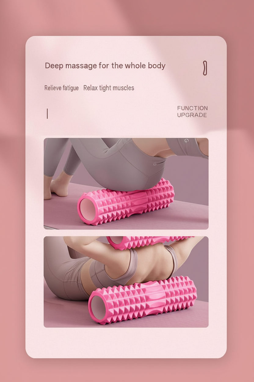 A pink foam roller with textured spikes is shown being used on a person's lower back and legs in two inset photos within a rounded white card, set against a soft pink background.