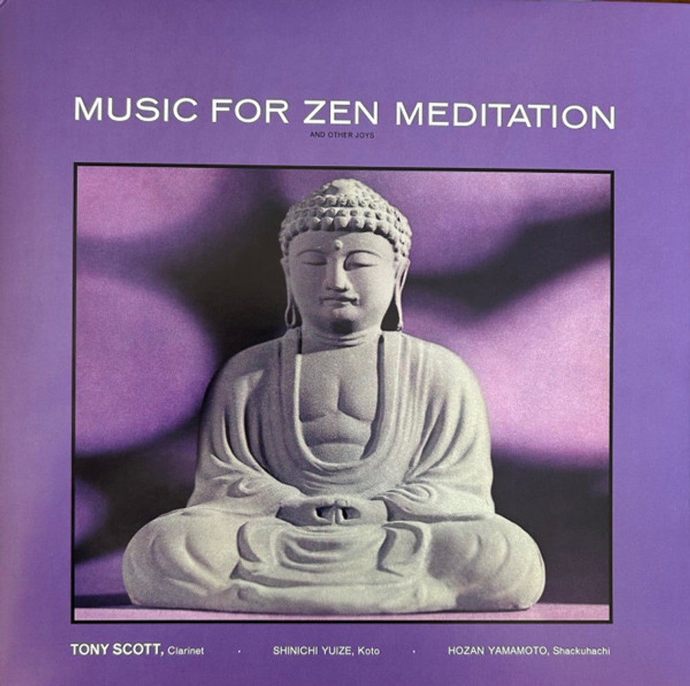 Album cover for 'Music for Zen Meditation' featuring a statue of Buddha on a purple background.