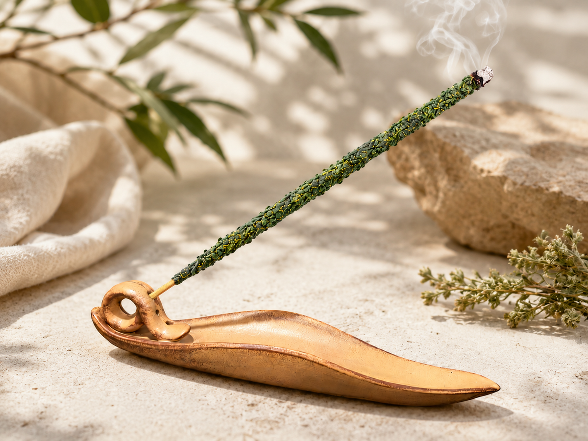 Incense burner shaped like a leaf holding a green incense stick.