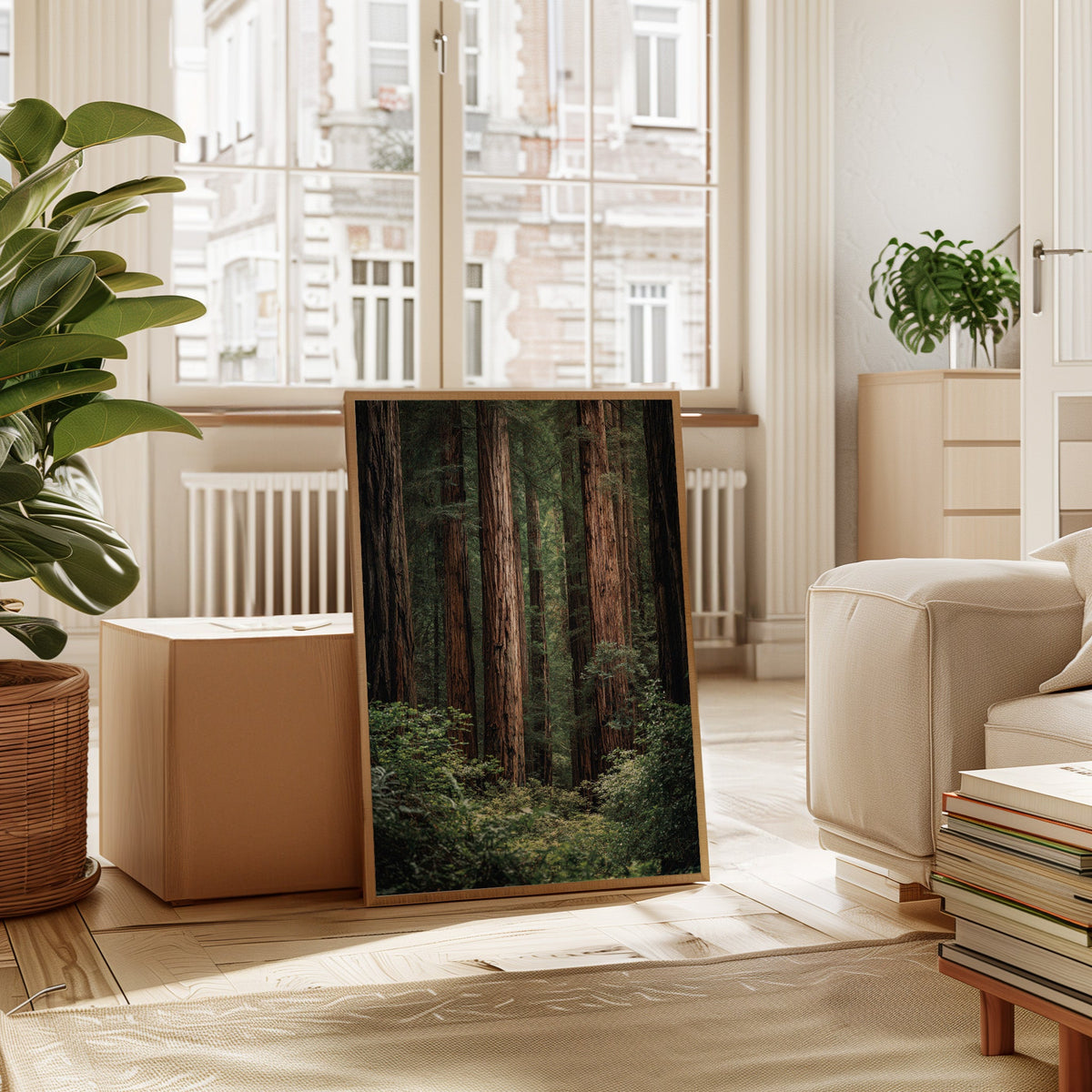 Modern living room with a nature-themed screen in front of a window