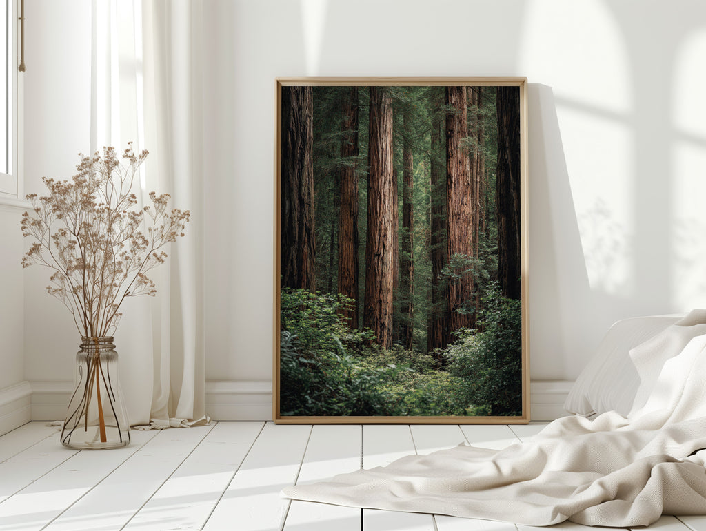 Framed forest print on a white wall with a vase of dried flowers and draped fabric.