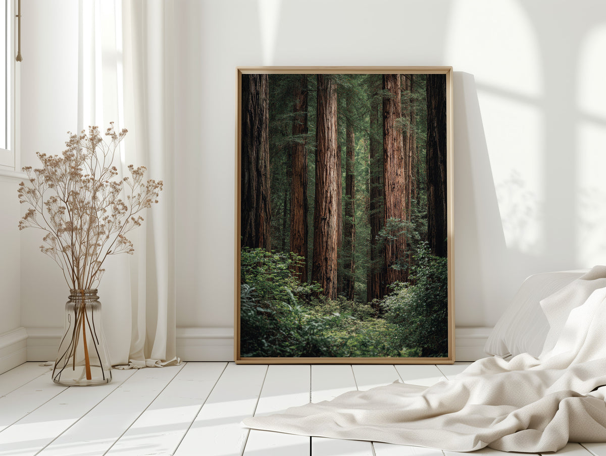 Framed forest print on a white wall with a vase of dried flowers and draped fabric.
