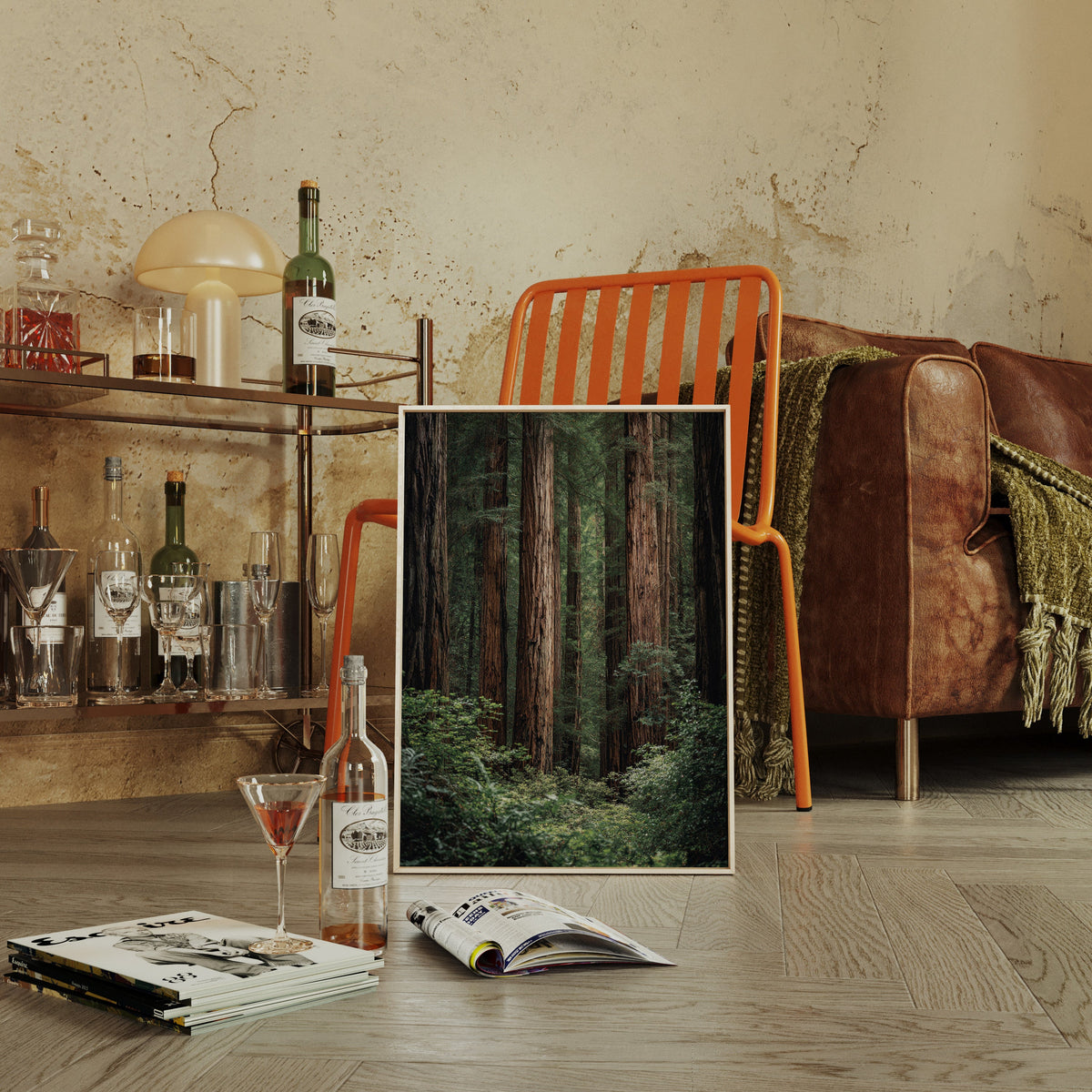 Room interior with a forest print, leather sofa, and bar setup.