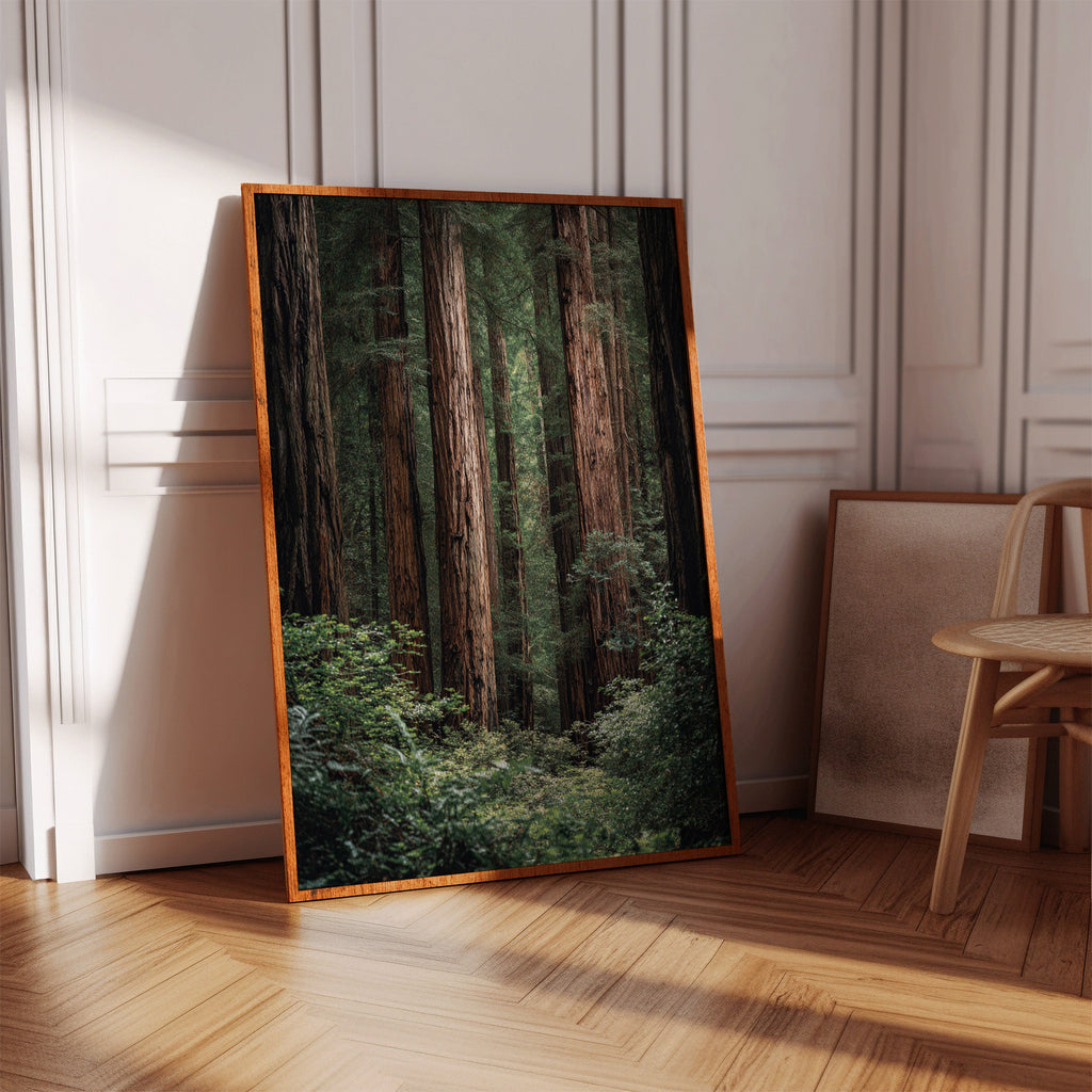 Framed nature print of a forest scene on a wall in a room with a chair.