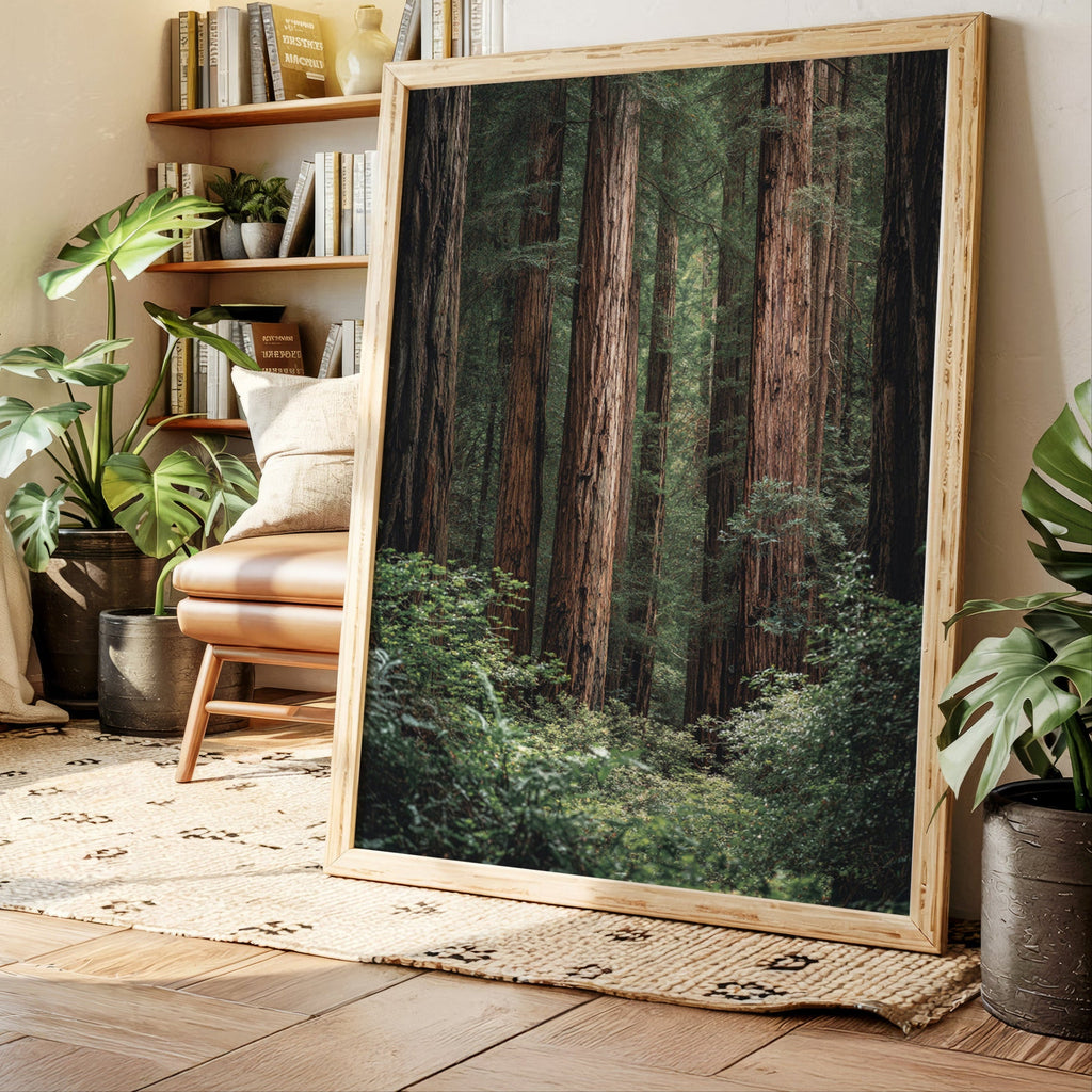 Framed nature print of a forest scene in a living room setting with plants and books.