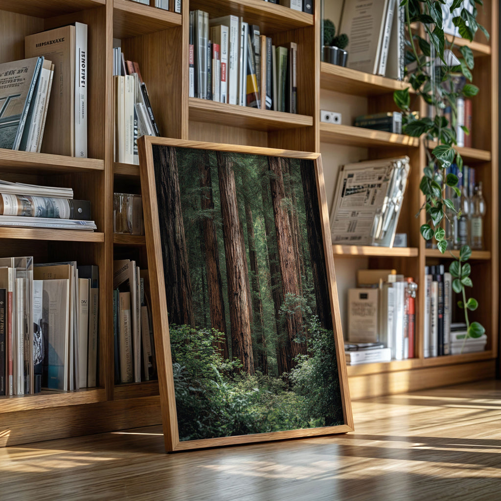 Framed nature print leaning against a bookshelf filled with books and decorative items.