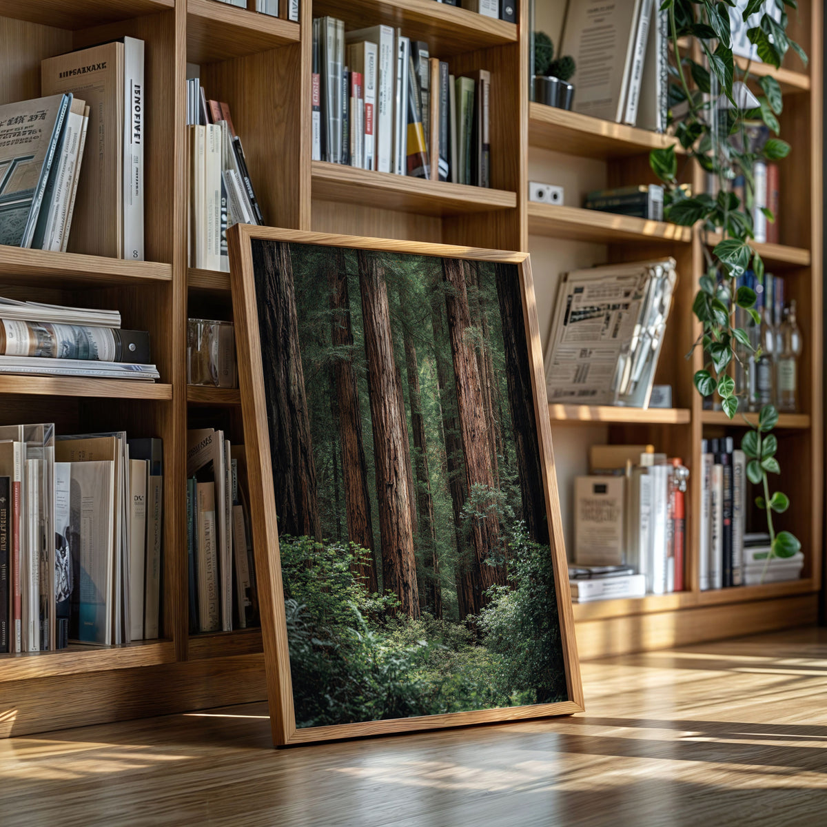 Framed nature print leaning against a bookshelf filled with books and decorative items.