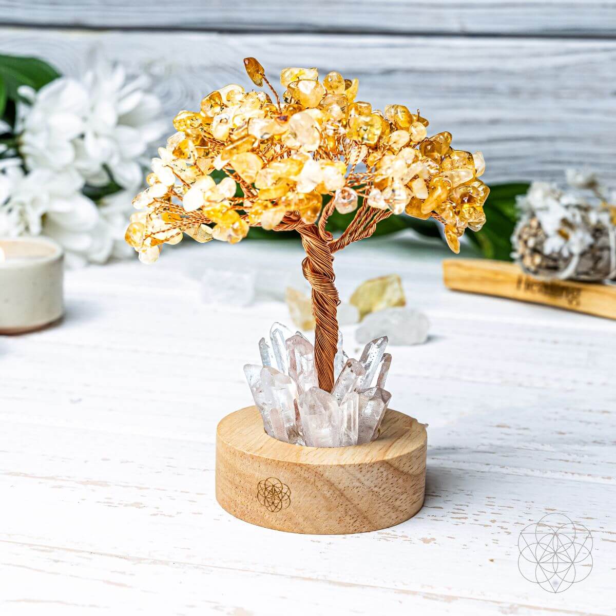 A Golden Lamp of Wealth - Citrine Tree on a white surface