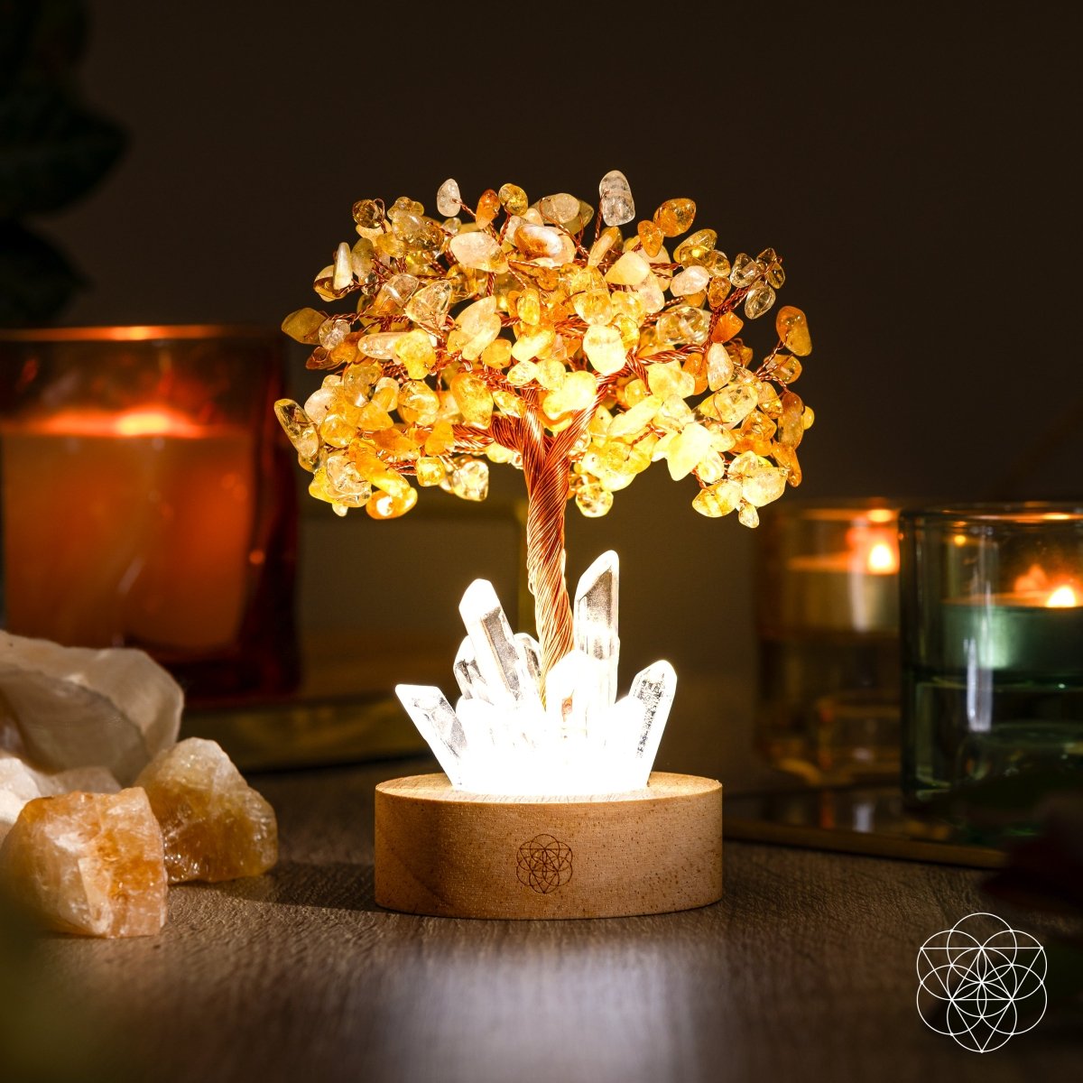 Golden Lamp of Wealth - Citrine Tree surrounded by candles and crystals.