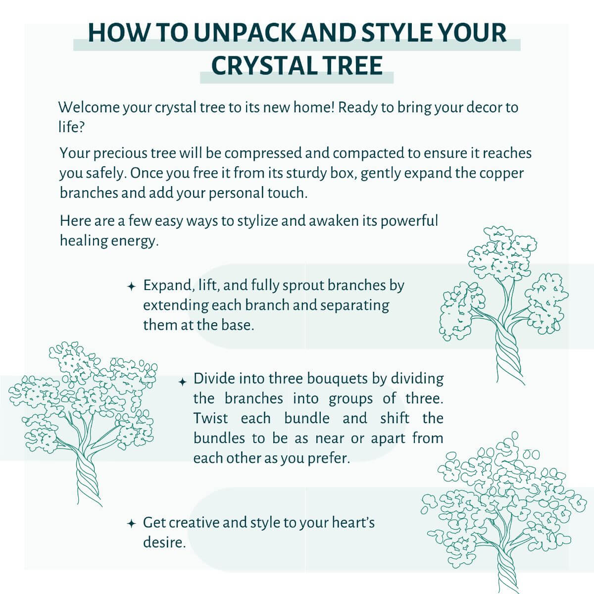 A white paper with directions on how to unpack your crystal tree