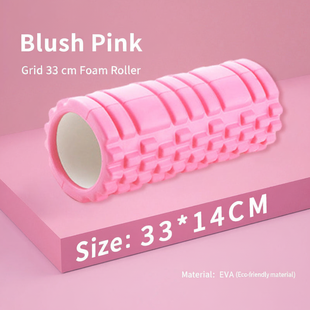 Pink foam roller with a grid texture, labeled as a 33 cm foam roller in blush pink, shown on a pink platform with size and material text overlays.