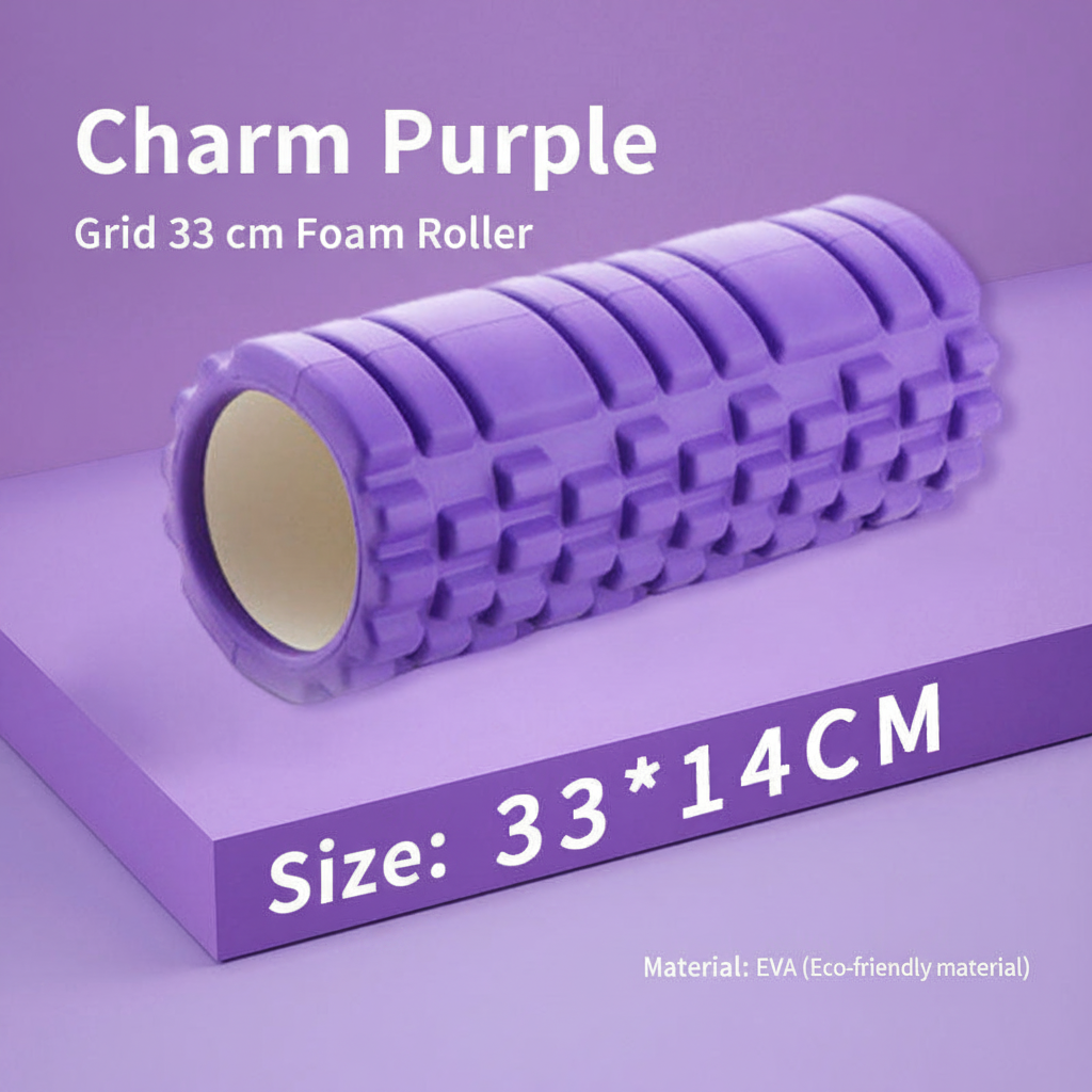 Purple foam roller with a grid texture, shown on a matching purple background with text overlays reading 'Charm Purple', 'Grid 33 cm Foam Roller', and 'Size: 33*14CM'.