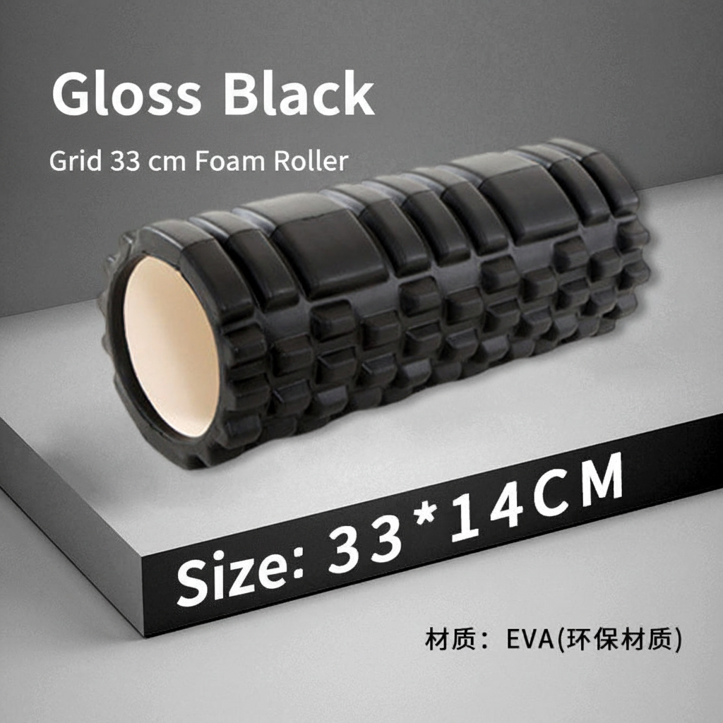 A black foam roller with a textured grid pattern, shown on a gray and white display platform with text overlays detailing its size and color.