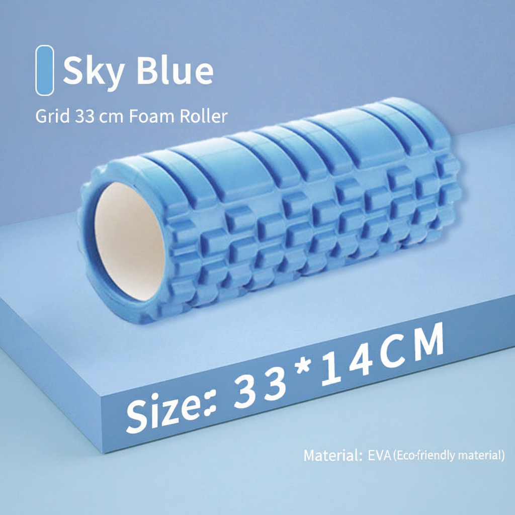 A light blue foam roller with a grid texture, shown on a matching blue platform with text overlays indicating its color as 'Sky Blue', size as '33 * 14CM', and material as 'EVA (Eco-friendly material)'.