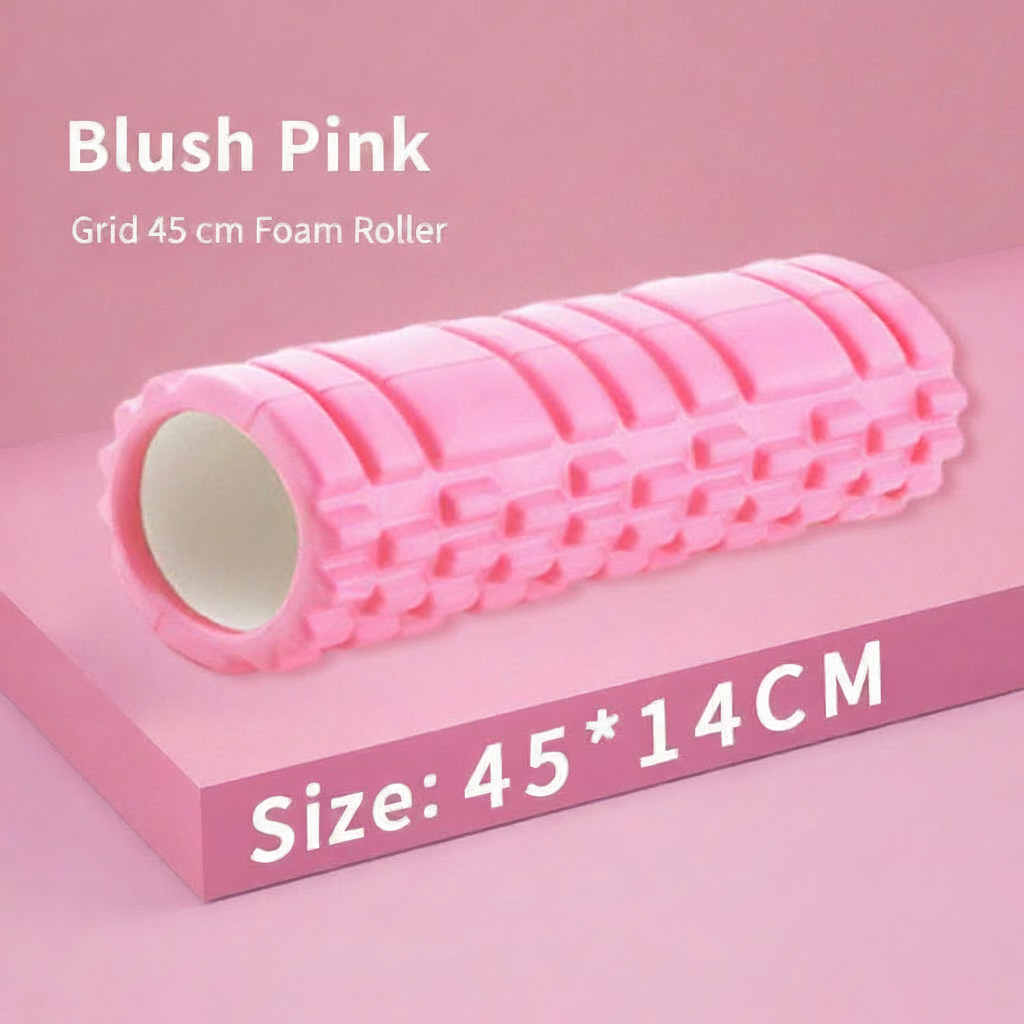 Pink foam roller with a grid texture, shown on a pink background with text overlays reading 'Blush Pink Grid 45 cm Foam Roller' and 'Size: 45 * 14CM'.