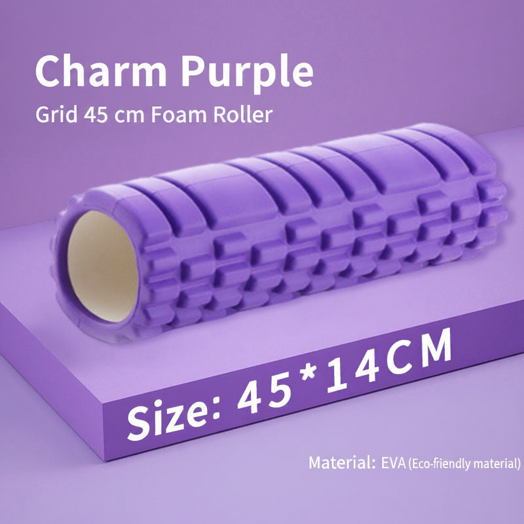 Purple foam roller with a grid texture and a smooth end, displayed on a matching purple platform with text overlays reading 'Charm Purple', 'Grid 45 cm Foam Roller', and 'Size: 45 * 14 CM'.