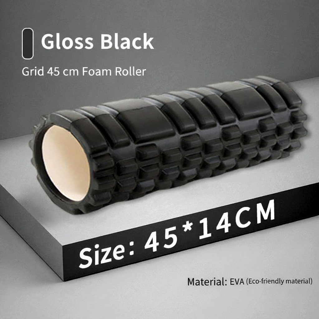 A black foam roller with a textured grid pattern, shown on a gray and white background with text overlays describing it as a 'Gloss Black Grid 45 cm Foam Roller' and 'Size: 45 * 14CM'.