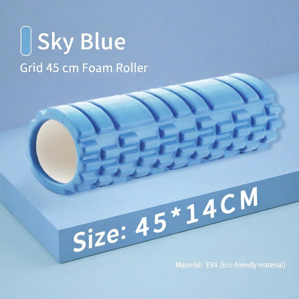 A blue foam roller with a textured grid pattern, shown on a light blue background with text overlays reading 'Sky Blue', 'Grid 45 cm Foam Roller', and 'Size: 45 * 14CM'.