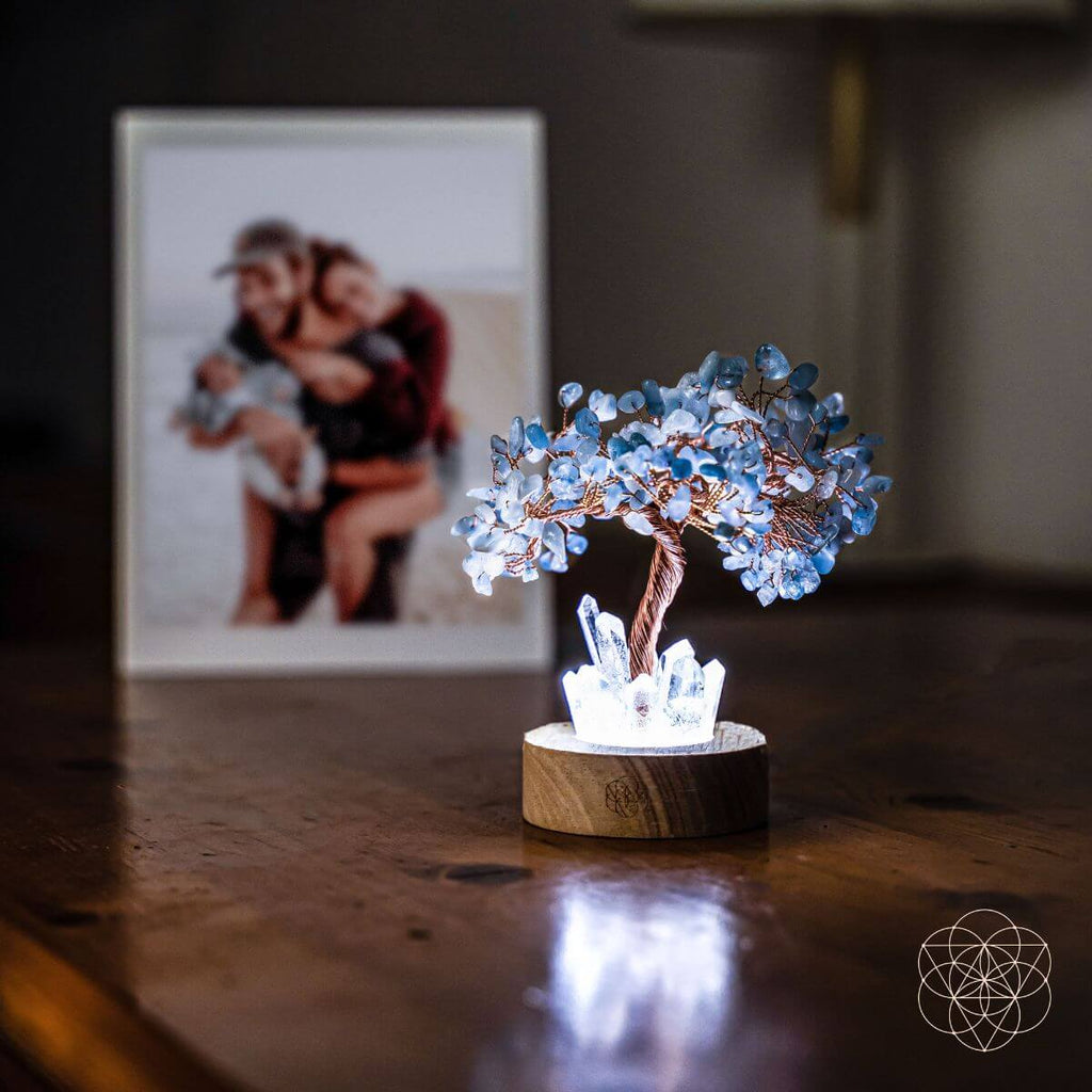Decorative tree lamp with crystals on a wooden base in front of a family photo.
