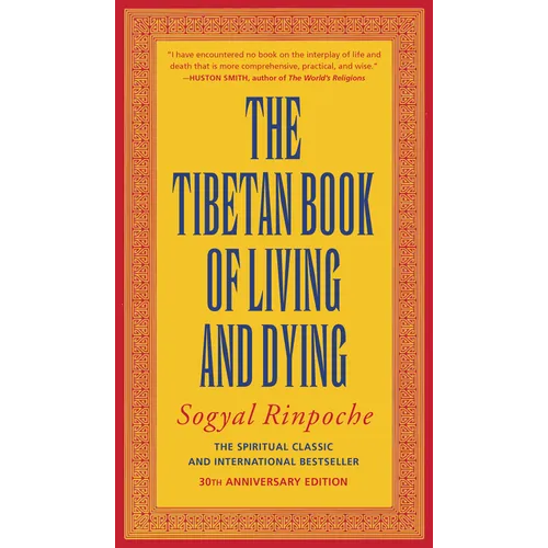 Front cover of the book 'The Tibetan Book of Living and Dying' by Sogyal Rinpoche, featuring a bright yellow background with a red border and dark blue title text.