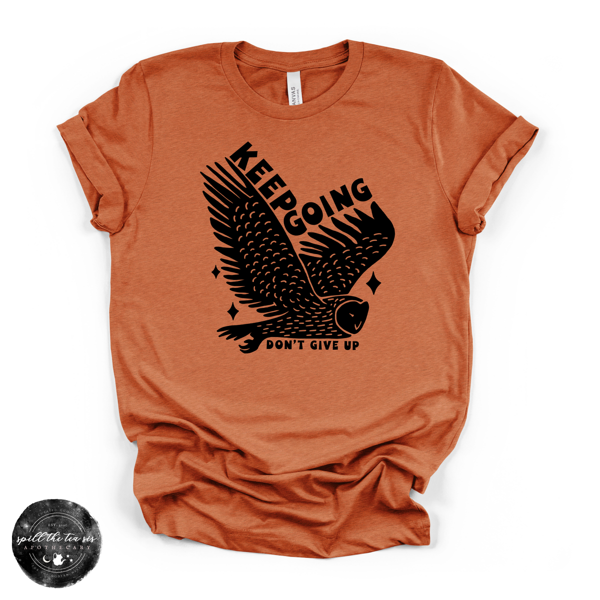 A rust-orange short-sleeve t-shirt with a black graphic of an owl and the text 'KEEP GOING DON'T GIVE UP' printed on the front, displayed flat against a white background.