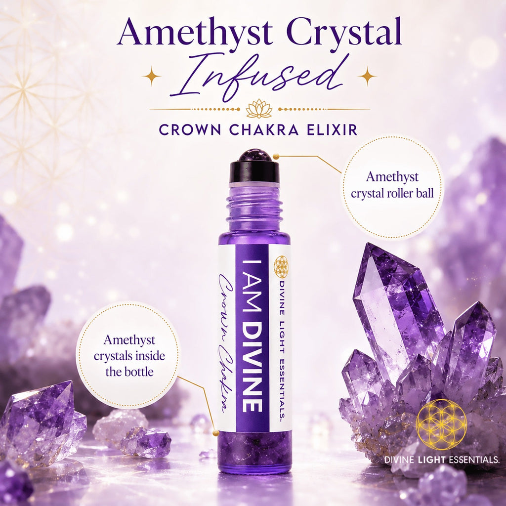 Amethyst Crystal Infused Crown Chakra Elixir roll-on bottle by Divine Light Essentials, shown against a purple amethyst crystal background with informational callout circles.