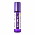A purple glass roll-on bottle with a matching metallic purple cap, featuring a white label that reads 'I AM DIVINE' and 'Divine Light Essentials' on a clean white background.