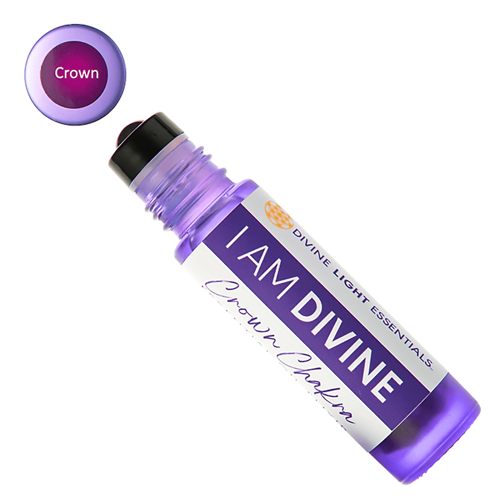 A purple roll-on bottle labeled 'I AM DIVINE' by Divine Light Essentials, shown diagonally on a white background with a circular color swatch labeled 'Crown' in the upper left.