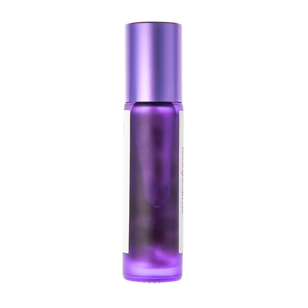 A purple cosmetic roller bottle with a metallic purple cap, shown against a plain white background.