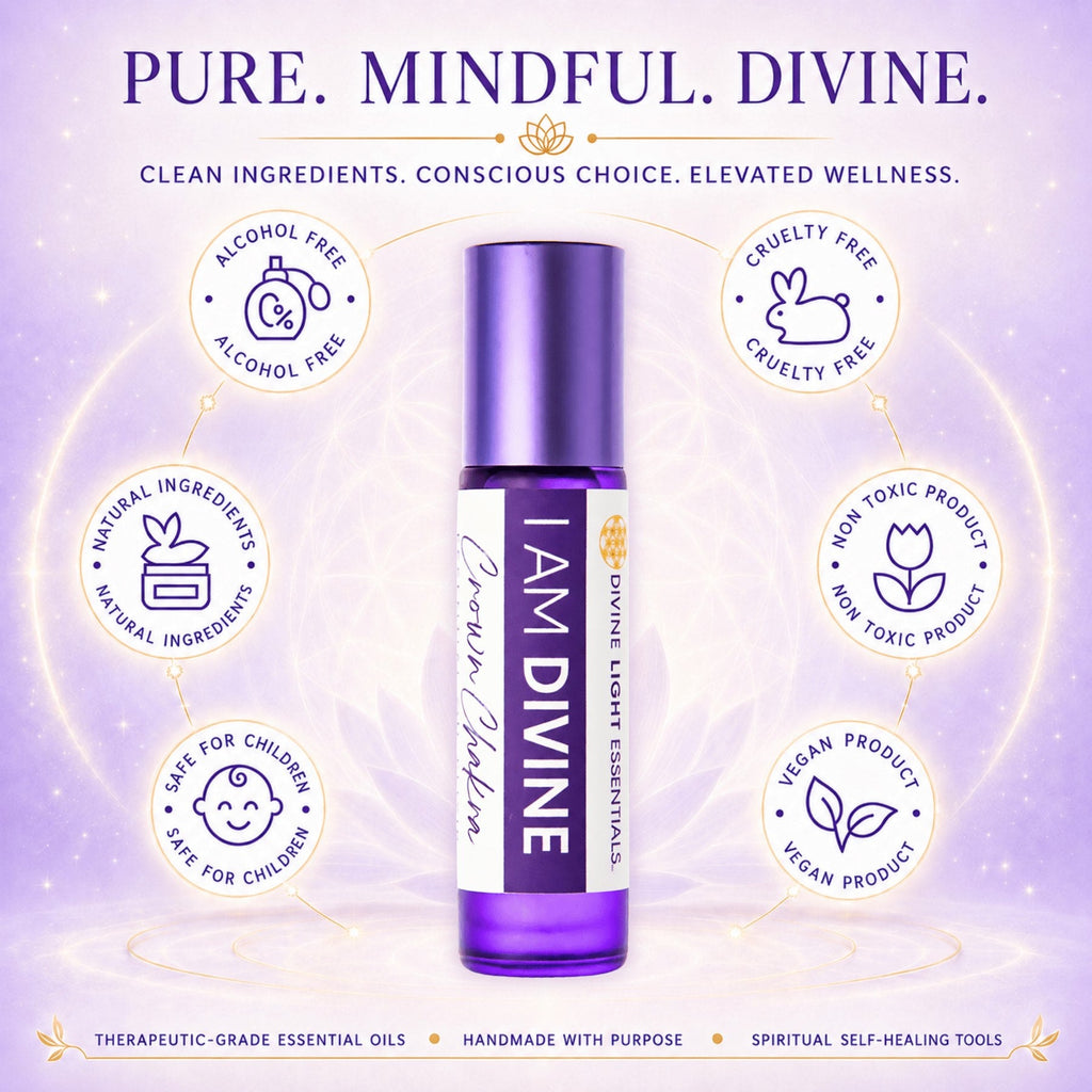 A purple and white roll-on bottle labeled 'I AM DIVINE' centered on a lavender background with circular icons highlighting product attributes such as alcohol-free, cruelty-free, natural ingredients, non-toxic, vegan, and safe for children.
