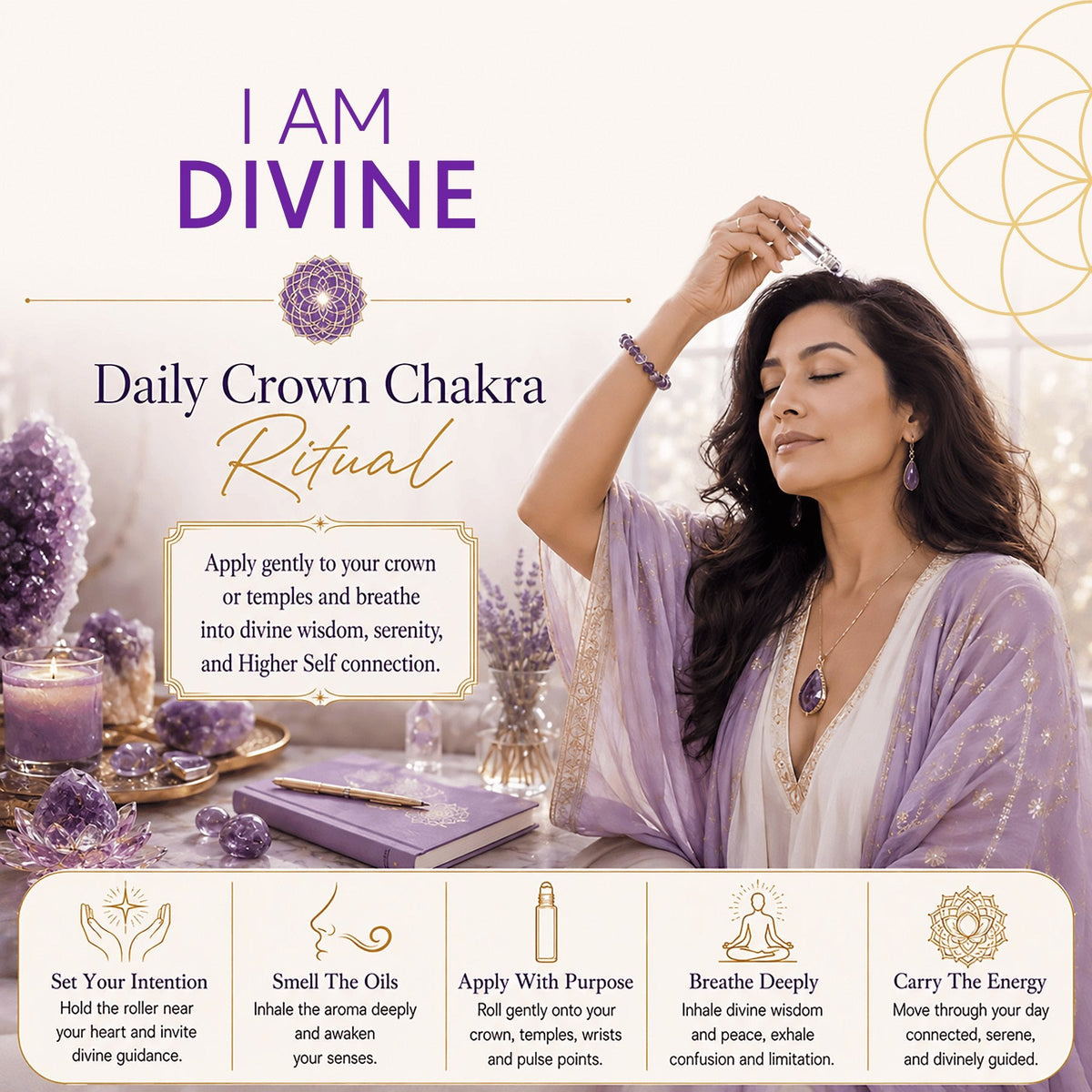 Promotional graphic for the 'I AM DIVINE Daily Crown Chakra Ritual' featuring a woman in a purple robe meditating, surrounded by purple crystals, oil bottles, and text detailing the ritual steps and benefits.